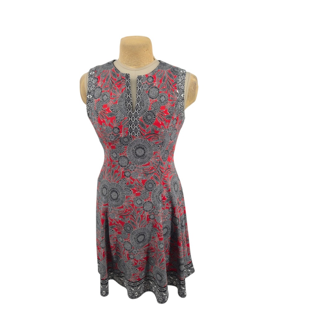 Liz Claiborne Floral Fit & Flare Dress Women Size 8 Red Black White Sleeveless